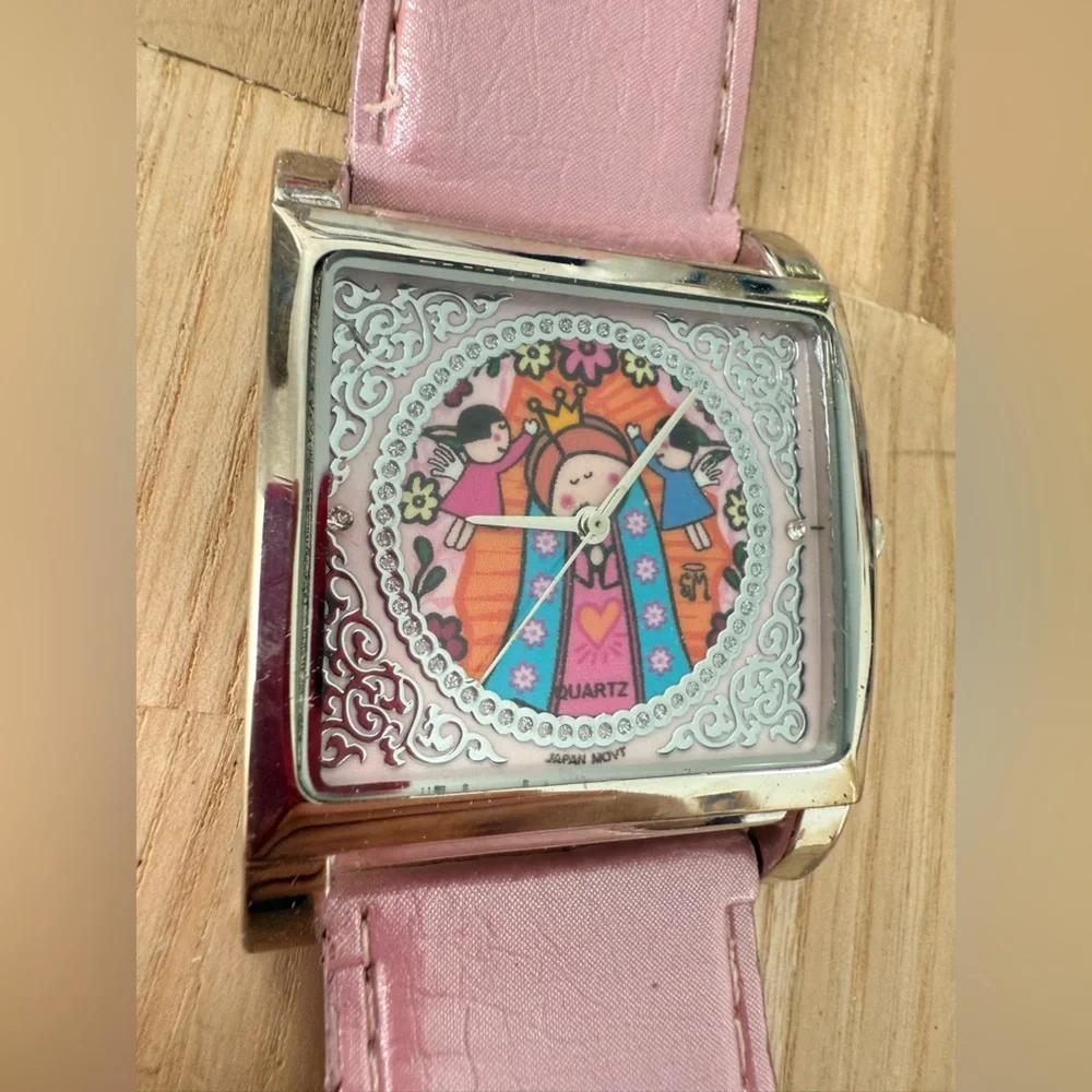 Unbranded ladies rectangular silver tone Christian angels pink watch NEW BATTERY